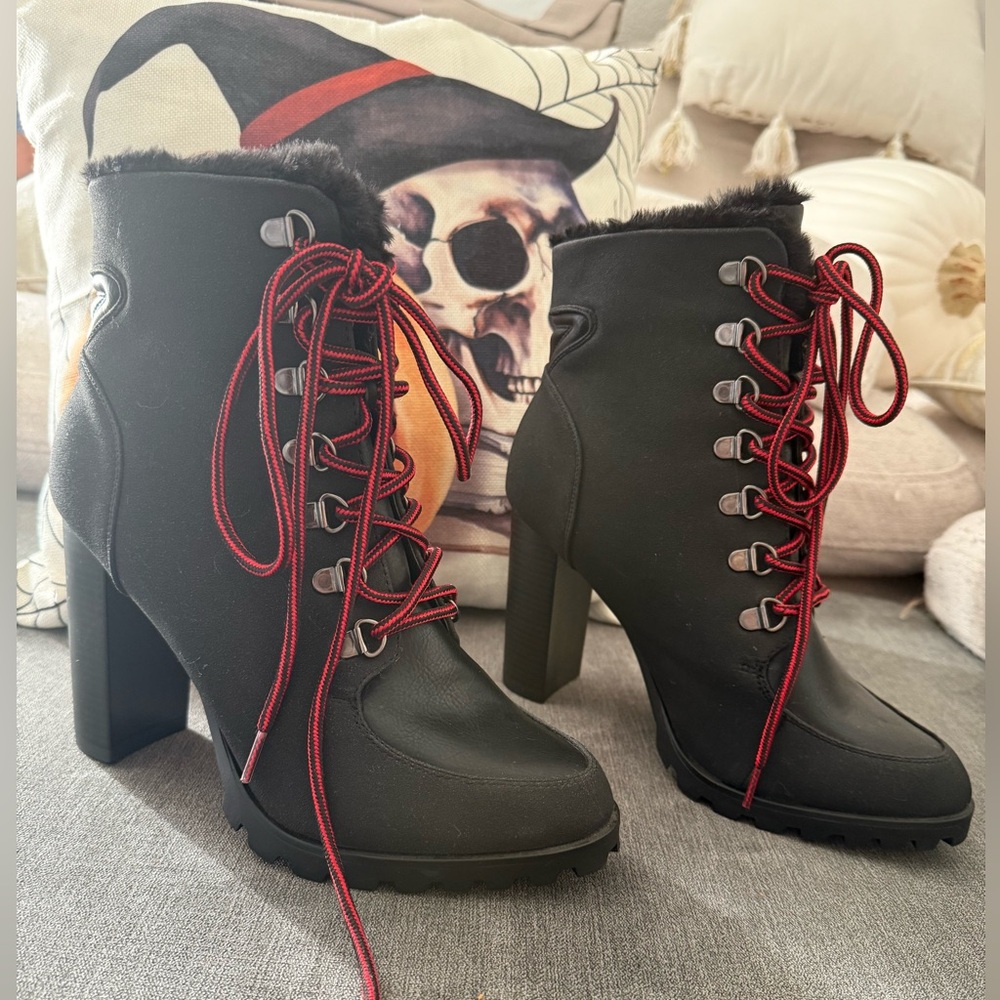 Black With Red Lace-Up Heeled Boots